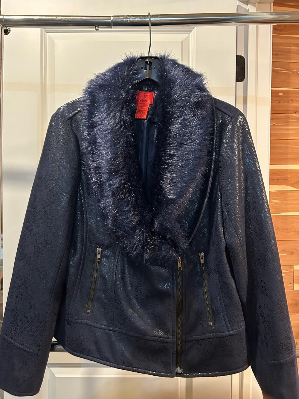 Christina Navy Faux-Fur Collar Leather-Style Jacket